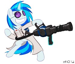 Size: 1167x1000 | Tagged: safe, artist:empty-10, character:dj pon-3, character:vinyl scratch, species:pony, species:unicorn, bipedal, crossover, female, magic, mare, medic, simple background, solo, team fortress 2, transparent background