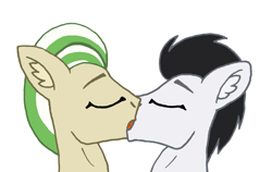 Size: 2067x1310 | Tagged: safe, artist:summerium, oc, oc only, oc:arcadia, oc:enigma, species:pony, ear fluff, eyes closed, gay, kissing, male, mixed media, simple background, stallion, white background