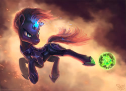 Size: 2000x1454 | Tagged: safe, artist:nemo2d, character:tempest shadow, species:pony, species:unicorn, my little pony: the movie (2017), armor, broken horn, eye scar, female, kicking, mare, obsidian orb, scar, solo, sparking horn