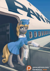 Size: 636x900 | Tagged: safe, artist:kirillk, oc, oc only, oc:rafale, species:pony, boeing 747, clothing, female, hat, jumbo jet, lidded eyes, looking at you, mare, pan am, patreon, patreon logo, plane, smiling, solo, stewardess
