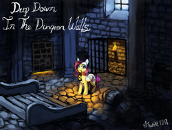 Size: 3950x3001 | Tagged: safe, artist:misstwipietwins, character:fluttershy, species:pegasus, species:pony, fanfic:deep down in the dungeon walls, amnesia the dark descent, blood, column, crossover, crying, dungeon, fanfic art, female, folded wings, lantern, mare, mouth hold, solo, torch, wings