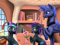 Size: 1280x960 | Tagged: safe, artist:vasillium, character:princess luna, oc, oc:nox (rule 63), oc:nyx, species:alicorn, species:pony, alicorn oc, apology, aura, blushing, book, bookshelf, box, brother, brother and sister, cloud, colt, cutie mark, desk, family, feather, female, filly, flower, glasses, golden oaks library, headband, horn, indoors, jewelry, levitation, library, magic, magic aura, male, mare, moon, pencil, ponidox, ponytail, prince, prince artemis, princess, quill, quill pen, r63 paradox, regalia, royalty, rule 63, school desk, scroll, self paradox, self ponidox, shield, shipping, sisters, sky, stairs, stallion, straight, telekinesis, wall of tags, window, wings, writing