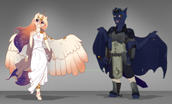 Size: 1650x1000 | Tagged: safe, artist:joan-grace, oc, oc only, oc:king cosmos, oc:queen galaxia, species:alicorn, species:anthro, species:bat pony, species:pony, species:unguligrade anthro, alicorn oc, anthro oc, bat pony oc, clothing, crown, dress, duo, female, gray background, jewelry, male, mare, necklace, regalia, simple background, stallion, white dress