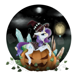 Size: 1280x1280 | Tagged: safe, artist:evlass, character:rarity, species:bat, species:bird, species:crow, species:pony, species:unicorn, cloak, clothing, crystal, dock, ear fluff, female, floppy ears, ghost, halloween, hat, holiday, horn, jack-o-lantern, lantern, looking at you, mare, moon, night, night sky, pouting, pumpkin, rearity, simple background, sky, solo, transparent background, witch hat