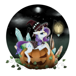 Size: 1280x1280 | Tagged: safe, alternate version, artist:evlass, character:rarity, species:bat, species:bird, species:crow, species:pony, species:unicorn, cape, clothing, crystal, dock, ear fluff, female, floppy ears, ghost, halloween, hat, holiday, horn, jack-o-lantern, lantern, looking at you, mare, moon, night, night sky, pouting, pumpkin, rearity, simple background, sky, solo, transparent background, witch hat