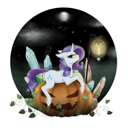 Size: 1280x1280 | Tagged: safe, alternate version, artist:evlass, character:rarity, species:bat, species:bird, species:crow, species:pony, species:unicorn, beautiful, candle, cloud, crystal, dark background, dock, ear fluff, eerie, female, floppy ears, full moon, ghost, halloween, holiday, horn, jack-o-lantern, lantern, leaf, looking at you, mare, moon, night, night sky, pouting, pumpkin, rearity, simple background, sky, solo, transparent background