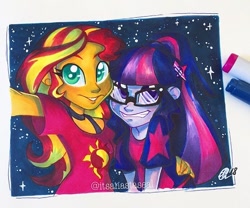 Size: 640x532 | Tagged: safe, artist:antych, character:sunset shimmer, character:twilight sparkle, character:twilight sparkle (scitwi), species:eqg human, equestria girls:spring breakdown, g4, my little pony: equestria girls, my little pony:equestria girls, spoiler:eqg series (season 2), alternate costumes, cute, cutie mark accessory, cutie mark on clothes, female, markers, night, selfie, traditional art, twiabetes