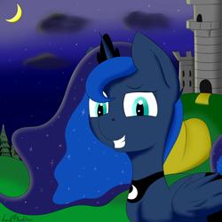 Size: 2000x2000 | Tagged: safe, artist:luriel maelstrom, character:princess luna, species:alicorn, species:pony, castle, cloud, crescent moon, ethereal mane, female, galaxy mane, hill, looking at you, moon, moonlight, night, night sky, signature, simple background, sky, smiling, solo, stars