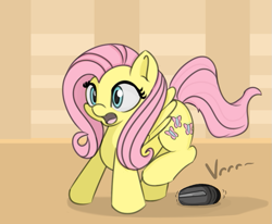 Size: 725x597 | Tagged: safe, artist:treekickerdraws, character:fluttershy, species:pegasus, species:pony, adorable distress, cute, female, mare, open mouth, roomba, roombashy, shyabetes, solo, startled, surprised, vrrr, wings