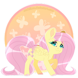 Size: 900x900 | Tagged: safe, artist:sadelinav, character:fluttershy, species:pegasus, species:pony, circle, circle background, colored hooves, colored wings, colored wingtips, cute, cutie mark background, eyebrows, female, folded wings, looking at you, looking sideways, mare, raised hoof, shoulder feathers, shyabetes, simple background, smiling, solo, standing, transparent background, wings