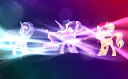 Size: 1920x1200 | Tagged: safe, artist:leanne264, editor:axal-5, character:starlight glimmer, character:sunset shimmer, character:twilight sparkle, character:twilight sparkle (alicorn), species:alicorn, species:pony, alternate design, blaze (coat marking), ethereal mane, female, galaxy mane, mare, missing cutie mark, open mouth, rainbow power, raised hoof, redesign, simple background, transparent background, ultimate twilight, wallpaper