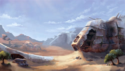 Size: 2000x1144 | Tagged: safe, artist:nemo2d, fallout equestria, airship, background, cloud, cloudship, desert, enclave, enclave raptor, environment art, fallout equestria: red 36, fanfic art, grand pegasus enclave, new appleloosa, no pony, post-apocalyptic, raptor battleship, scenery, sky, tree, wreckage