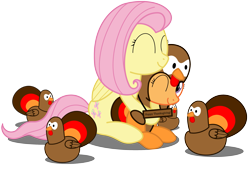 Size: 2573x1758 | Tagged: safe, artist:bladedragoon7575, character:fluttershy, character:scootaloo, species:bird, species:pegasus, species:pony, animal, animal costume, clothing, costume, cute, cutealoo, eyes closed, female, filly, fluttermom, hug, mare, one eye closed, plushie, scootachicken, scootalove, scootaturkey, shyabetes, sign, simple background, sitting, smiling, transparent background, turkey, turkey costume, wink