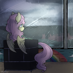 Size: 2000x2000 | Tagged: safe, artist:urbanqhoul, character:fluttershy, species:pegasus, species:pony, fanfic:asylum, couch, female, indoors, lidded eyes, looking away, looking up, mare, rain, rear view, sad, sitting, solo, teary eyes, three quarter view, window, wings