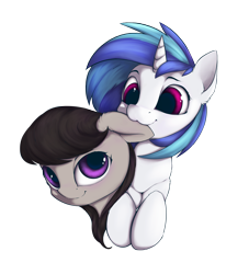 Size: 3000x3311 | Tagged: safe, artist:hitbass, character:dj pon-3, character:octavia melody, character:vinyl scratch, species:earth pony, species:pony, species:unicorn, ship:scratchtavia, bust, cute, ear bite, female, lesbian, mare, nibbling, nom, portrait, shipping, simple background, tavibetes, transparent background, vinylbetes