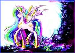 Size: 4092x2893 | Tagged: safe, artist:minamikoboyasy, character:princess celestia, species:alicorn, species:bat pony, species:pony, curved horn, fangs, female, horn, race swap, solo, wings