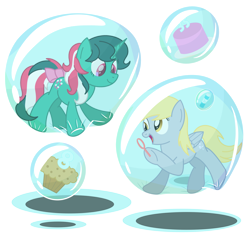 Size: 3700x3450 | Tagged: safe, artist:bladedragoon7575, derpibooru original, character:derpy hooves, character:fizzy, g1, 35th anniversary, bubble, bubble blower, cake, cute, derpabetes, fizzybetes, floating, food, g1 to g4, generation leap, in bubble, muffin, simple background, soap bubble, transparent background