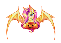 Size: 4092x2893 | Tagged: safe, artist:minamikoboyasy, character:flutterbat, character:fluttershy, species:bat pony, species:pony, female, halloween, holiday, jack-o-lantern, looking at you, mare, pumpkin, race swap, simple background, solo, transparent background