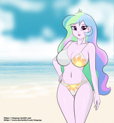 Size: 2704x2914 | Tagged: safe, artist:chuyryu, character:princess celestia, character:principal celestia, my little pony:equestria girls, beach, beach babe, belly button, big breasts, bikini, bikini babe, breasts, busty princess celestia, cleavage, clothing, cutie mark swimsuit, female, hand on hip, looking at you, nail polish, praise the sun, solo, stupid sexy celestia, swimsuit