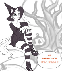 Size: 1024x1184 | Tagged: safe, artist:fairdahlia, oc, oc only, species:anthro, species:pony, advertisement, anthro oc, auction, black and white, breasts, cleavage, clothing, commission, costume, digital art, eye clipping through hair, female, grayscale, halloween, hat, holiday, lipstick, looking at you, mare, monochrome, shoes, sitting, socks, striped socks, witch costume, witch hat, ych example, your character here