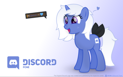 Size: 4167x2617 | Tagged: safe, artist:potato22, oc, oc only, oc:discord, species:pony, species:unicorn, :d, bow, cute, dialogue, discord (software), exclamation point, female, freckles, gradient background, happy, heart, hi anon, mare, meme, ocbetes, open mouth, pone, ponified, smiling, solo, speech bubble, tail bow, tilde