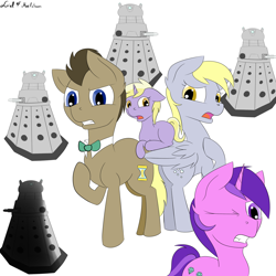 Size: 2000x2000 | Tagged: safe, artist:luriel maelstrom, character:amethyst star, character:derpy hooves, character:dinky hooves, character:doctor whooves, character:sparkler, character:time turner, species:earth pony, species:pegasus, species:pony, species:unicorn, bow tie, dalek, doctor who, female, male, scared, signature, simple background, surrounded, the doctor, white background