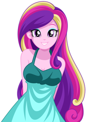 Size: 800x1128 | Tagged: safe, artist:rosemile mulberry, character:dean cadance, character:princess cadance, my little pony:equestria girls, bare shoulders, beautiful, clothing, cute, cutedance, dress, female, hands behind back, looking at you, pretty, simple background, smiling, solo, waifu, white background