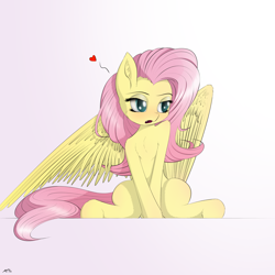 Size: 3300x3300 | Tagged: safe, artist:maneingreen, character:fluttershy, species:pegasus, species:pony, blushing, chest fluff, cute, cute little fangs, fangs, female, heart, solo, wings