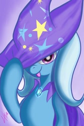 Size: 860x1280 | Tagged: safe, artist:derpx1, character:trixie, species:pony, species:unicorn, cape, clothing, female, hat, hoof hold, looking at you, mare, signature, solo, tongue out, trixie's cape, trixie's hat