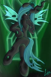 Size: 860x1280 | Tagged: safe, artist:derpx1, character:queen chrysalis, species:changeling, changeling queen, crossed legs, female, looking at you, signature, sitting, solo