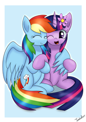 Size: 2480x3507 | Tagged: safe, artist:twidasher, character:rainbow dash, character:twilight sparkle, species:pegasus, species:pony, ship:twidash, eyes closed, female, flower, flower in hair, hug, lesbian, mare, one eye closed, shipping