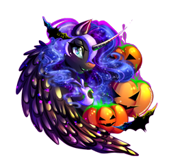 Size: 2893x2835 | Tagged: safe, artist:minamikoboyasy, character:nightmare moon, character:princess luna, species:alicorn, species:bat, species:pony, female, halloween, holiday, jack-o-lantern, looking at you, mare, pumpkin, simple background, solo, transparent background