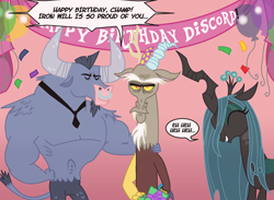 Size: 820x600 | Tagged: safe, artist:creepycurse, character:discord, character:iron will, character:queen chrysalis, species:changeling, species:draconequus, species:minotaur, balloon, banner, birthday, changeling queen, congratulations, eyes closed, female, laughing, male, necktie, nose piercing, nose ring, piercing, pink background, simple background, text, trio, unamused
