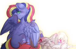 Size: 1446x936 | Tagged: safe, artist:owl-clockwork, oc, oc only, oc:paint swirl, oc:snow drop, parent:rainbow dash, parent:soarin', parents:soarindash, species:pegasus, species:pony, kindverse, albino, crying, duo, female, interdimensional siblings, mare, offspring, signature, simple background, transparent background, watermark