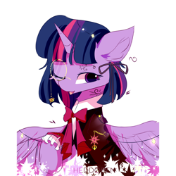 Size: 1300x1300 | Tagged: safe, artist:heddopen, character:twilight sparkle, character:twilight sparkle (alicorn), species:alicorn, species:pony, bow tie, clothing, ear fluff, female, horn, mare, monocle, one eye closed, solo, suit, wings