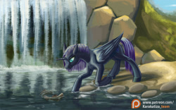 Size: 1440x900 | Tagged: safe, artist:kirillk, oc, oc only, oc:nyx, species:alicorn, species:pony, alicorn oc, female, fish, looking at each other, mare, patreon, patreon logo, slit pupils, solo, waterfall, wet mane