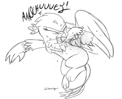Size: 8261x6755 | Tagged: safe, artist:silverwing, character:gabby, species:griffon, absurd resolution, female, flying, monochrome, mucus, nostril flare, nostrils, sketch, sneeze spray, sneezing, snot, solo, spit, wings