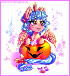 Size: 3725x4012 | Tagged: safe, artist:minamikoboyasy, character:cozy glow, species:pegasus, species:pony, blushing, candy, female, filly, food, halloween, holiday, jack-o-lantern, looking up, pumpkin, smiling, solo