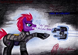 Size: 2987x2095 | Tagged: safe, artist:thechrispony, character:tempest shadow, species:pony, species:unicorn, armor, crossover, darkness, dead space, eye scar, female, horn, magic, mare, marker (dead space), plasma cutter, scar, solo, space suit, sparking horn, telekinesis, text, traditional art