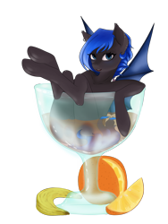 Size: 1536x2048 | Tagged: safe, alternate version, artist:evlass, oc, oc:acelina, species:bat pony, species:pony, alcohol, banana, bat pony oc, cup, cup of pony, cute, ear fluff, ear piercing, food, glass, looking at you, martini, micro, orange, piercing, simple background, smiling, solo, spread wings, transparent background, wings