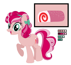 Size: 500x460 | Tagged: safe, artist:awoomarblesoda, oc, oc:strawberry swiss roll, parent:cheese sandwich, parent:pinkie pie, parents:cheesepie, species:earth pony, species:pony, female, mare, offspring, reference sheet, simple background, solo, transparent background