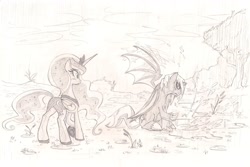 Size: 2336x1564 | Tagged: safe, artist:skutchi, character:princess luna, oc, oc:corvus, species:alicorn, species:bat pony, species:pony, alicorn oc, bat pony oc, bat wings, broken horn, duo, female, horn, male, monochrome, outdoors, pencil drawing, puddle, rain, traditional art, tree, unshorn fetlocks, wings
