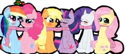 Size: 900x394 | Tagged: dead source, safe, artist:misspolycysticovary, character:applejack, character:fluttershy, character:pinkie pie, character:rainbow dash, character:rarity, character:twilight sparkle, ship:pinkiedash, ship:twijack, :3, bedroom eyes, blushing, clothing, cute, embarrassed, eyes closed, female, heart, holly, holly mistaken for mistletoe, imminent kissing, lesbian, looking at you, mane six, scarf, shared clothing, shared scarf, shipping, shyabetes, simple background, transparent background