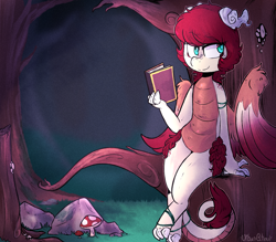 Size: 1975x1727 | Tagged: safe, artist:urbanqhoul, oc, oc only, oc:eri rebecula, species:bird, species:dragon, big wings, book, claws, crossed legs, dracaven, feather, forest, green eyes, horn, leaning, mischievous, mushroom, original species, red hair, solo, tail, tree, vine, wings
