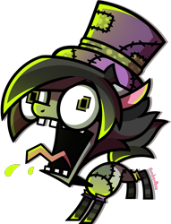 Size: 1256x1646 | Tagged: safe, artist:amberpone, oc, oc:isabella, species:earth pony, species:pony, big eyes, big head, clothing, digital art, female, fullbody, gir, green eyes, hat, invader zim, jhonen vasquez style, original character do not steal, paint tool sai, screaming, simple background, standing, transparent background