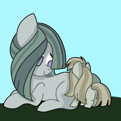 Size: 768x768 | Tagged: safe, artist:awoomarblesoda, character:marble pie, oc, oc:jupiter, parent:braeburn, parent:marble pie, parents:braeble, species:earth pony, species:pony, female, filly, missing cutie mark, mother and daughter, offspring, prone