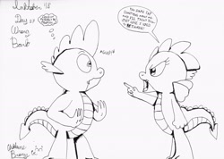 Size: 2158x1536 | Tagged: safe, artist:chiptunebrony, character:barb, character:pharynx, character:spike, inktober, abuse, angry, black and white, cat, dialogue, disguise, disguised changeling, faec, funny, grayscale, gulp, handwriting, icon, inktober 2018, monochrome, ponidox, rule 63, self ponidox, signature, speech bubble, thought bubble, threatening