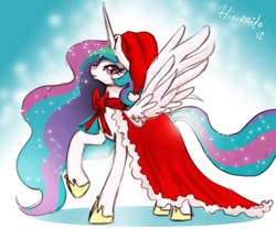 Size: 864x720 | Tagged: safe, artist:hinoraito, character:princess celestia, bow, cape, christmas, clothing, cute, cutelestia, dress, female, hat, looking at you, raised hoof, robe, santa hat, solo, spread wings, wings