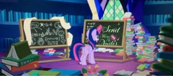 Size: 2000x883 | Tagged: safe, artist:ponylover88, edit, edited screencap, screencap, character:twilight sparkle, character:twilight sparkle (alicorn), species:alicorn, species:pony, episode:best gift ever, g4, my little pony: friendship is magic, book, chalkboard, dat chalkboard, female, image macro, meme, panic, solo, text, twilight's castle, we don't normally wear clothes