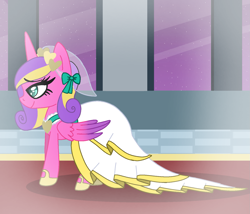 Size: 1509x1291 | Tagged: safe, artist:awoomarblesoda, character:princess skyla, species:alicorn, species:pony, clothing, dress, female, hoof shoes, older, solo, wedding dress